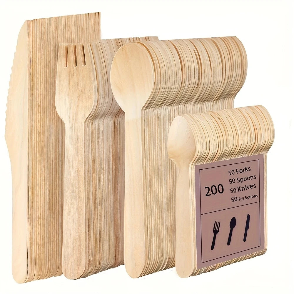 200 Pcs  Disposable Wooden Tableware Set